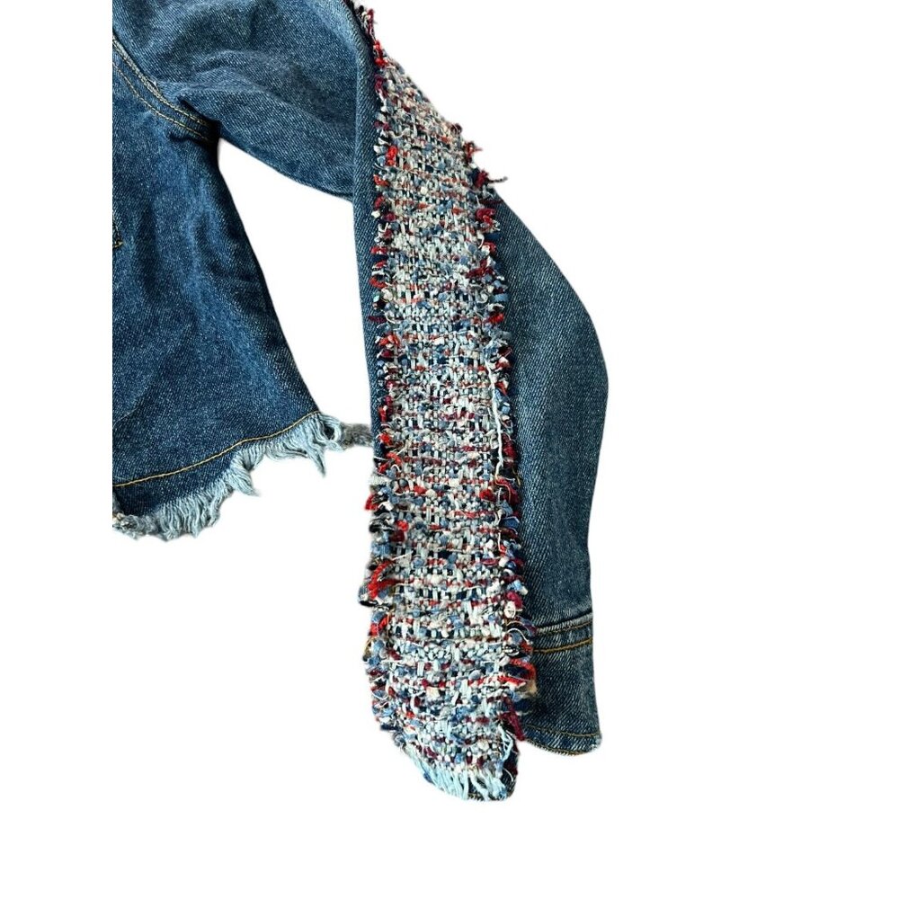 Fashion Nova Cropped Tweed Denim Jacket Skirt Set Raw Hem Size XS NWT - Picture 6 of 16